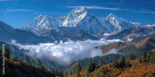 landscape with snow peaks in the distance behind mountain forests photo