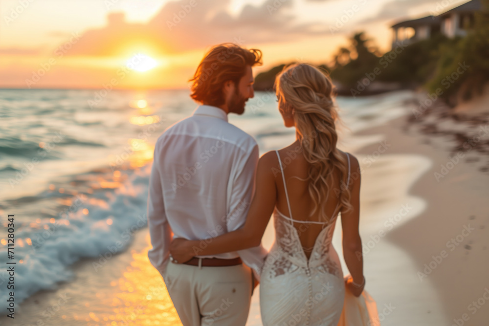 Fototapeta premium blurred newlywed couple on tropical beach during honeymoon