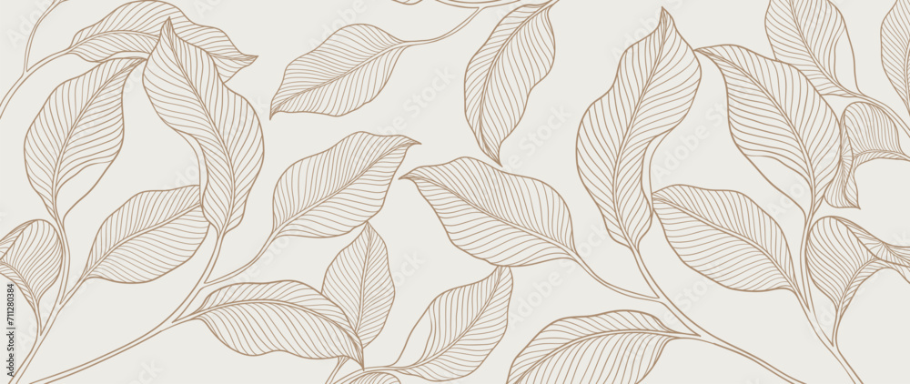 Botanical leaf line art wallpaper background vector. Luxury natural hand drawn foliage pattern design in minimalist linear contour simple style. Design for fabric, print, cover, banner, invitation. - obrazy, fototapety, plakaty 