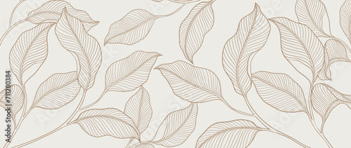 Fototapeta Naklejka Na Ścianę i Meble -  Botanical leaf line art wallpaper background vector. Luxury natural hand drawn foliage pattern design in minimalist linear contour simple style. Design for fabric, print, cover, banner, invitation.