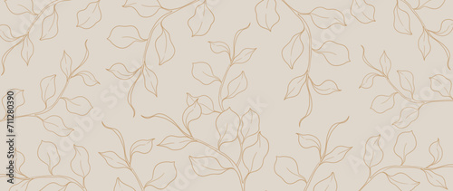 Botanical leaf line art wallpaper background vector. Luxury natural hand drawn foliage pattern design in minimalist linear contour simple style. Design for fabric, print, cover, banner, invitation.