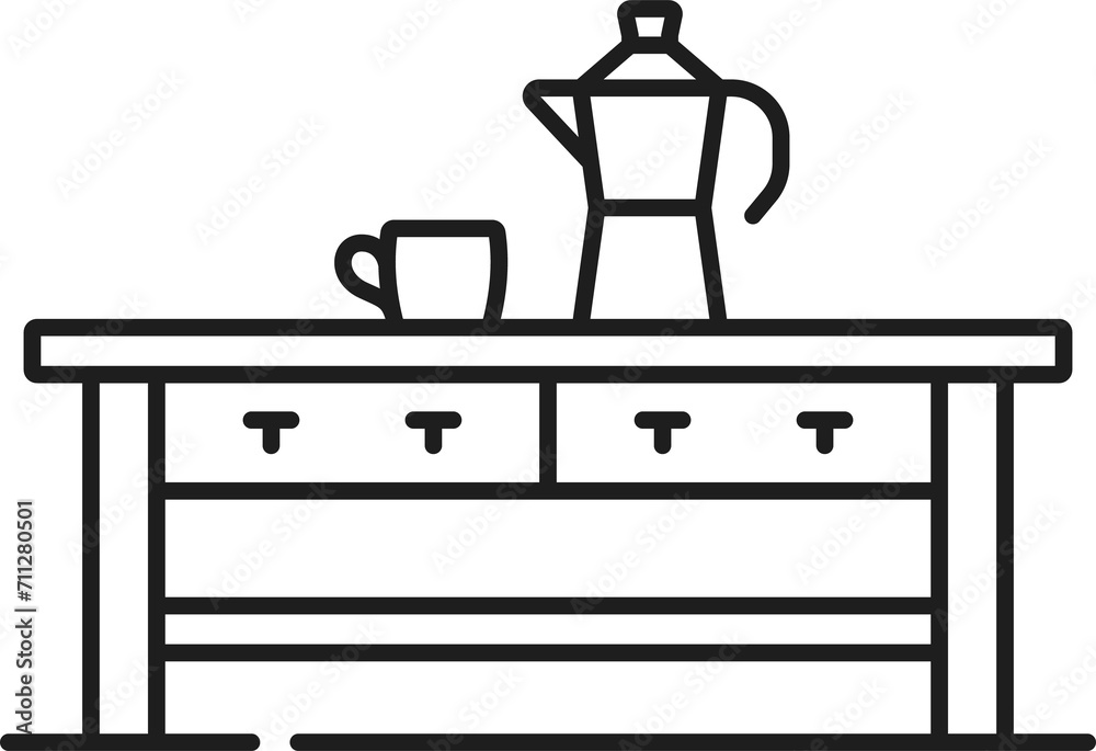 Coffee table with cup and kettle, outline icon Coffee table with cup and kettle, outline icon