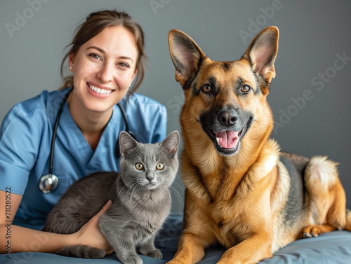 A smiling female veterinarian with her patients - a large dog and a cat in a veterinary clinic in a friendly embrace looking at the camera.