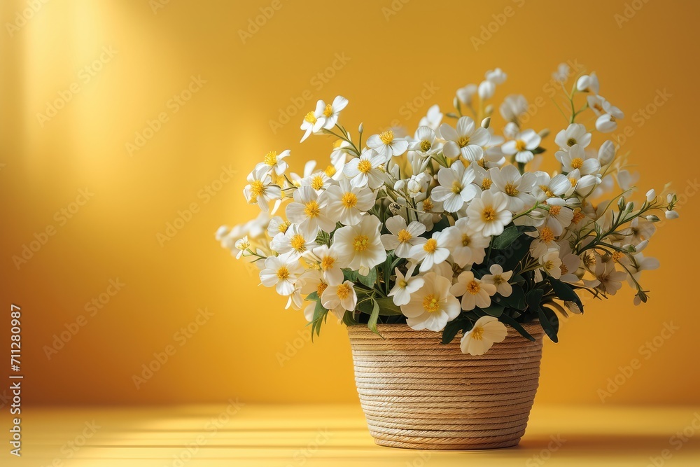 Basket with spring flowers on a yellow background. Generative AI. Basket with spring flowers on a yellow background. Generative AI.