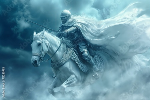 Ancient warrior knight flying on white horse in the blue clowds photo