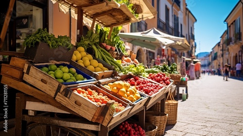 Natural products market in sunny Spanish street. Fresh fruits and vegetables from local farmers.