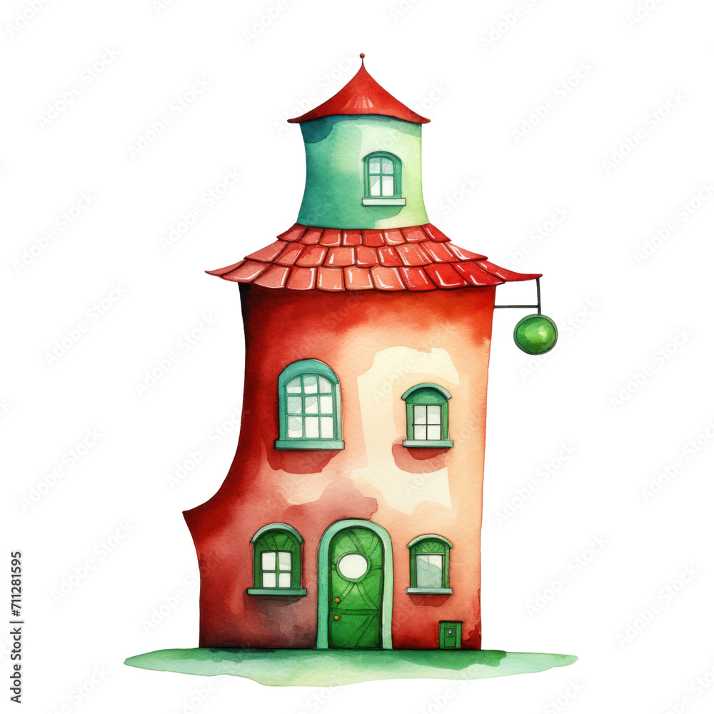 Watercolor illustration of red cute quirky house isolated on background, PNG transparent background
