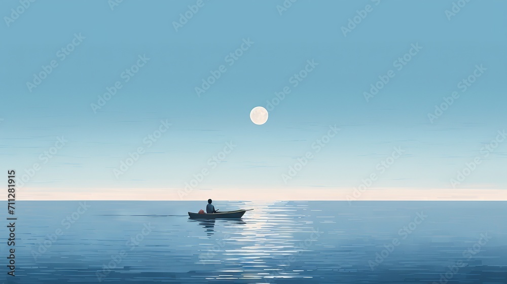 Fototapeta premium Minimalist artwork of a man in a boat on a calm lake at twilight