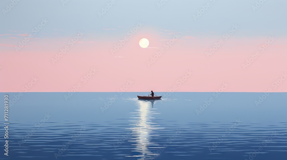 Minimalist artwork of a man in a boat on a calm lake at twilight
