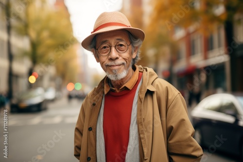 Portrait of a senior man in a hat and coat walking in the city.