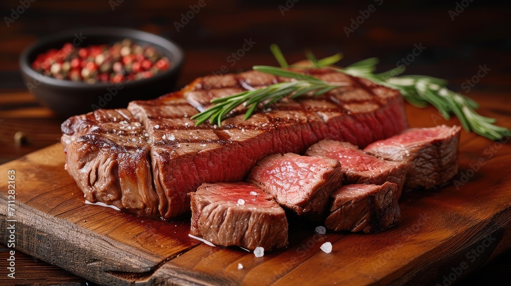 Steak cut into pieces on a wooden table. Generative AI. Steak cut into pieces on a wooden table. Generative AI.