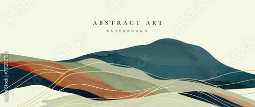 Abstract mountain and golden line arts background vector. Watercolor oriental style, landscape, hills with gold, curve lines texture. Wall art design for home decor, wallpaper, prints.