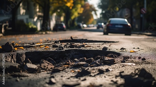 Crumbling infrastructure: urban decay and deteriorating roads with potholes in the heart of the city