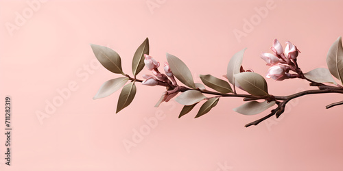 Beautiful green fresh branch on pink.