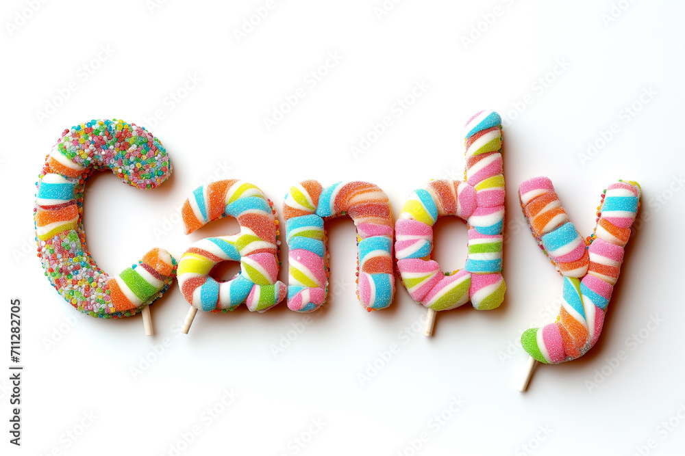 Colorful candy cane letters spelling CANDY isolated on a white background, suitable for confectionery or holiday themes Colorful candy cane letters spelling CANDY isolated on a white background, suitable for confectionery or holiday themes