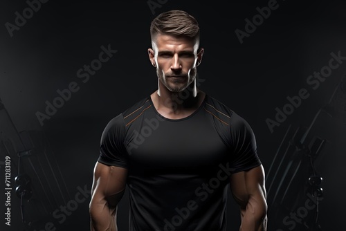 Fit Muscular Man in Black Shirt - Fitness Model Portrait on Black Background, Gym Banner