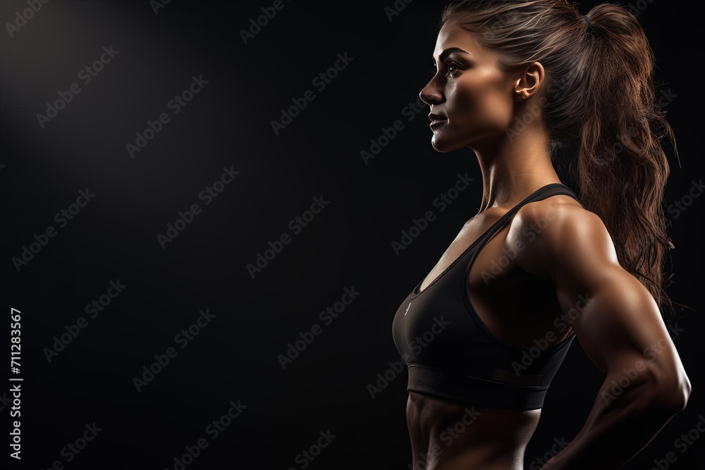 Fototapeta premium Fit Woman in Sports Bra - Side View Profile on Gym Wallpaper Background