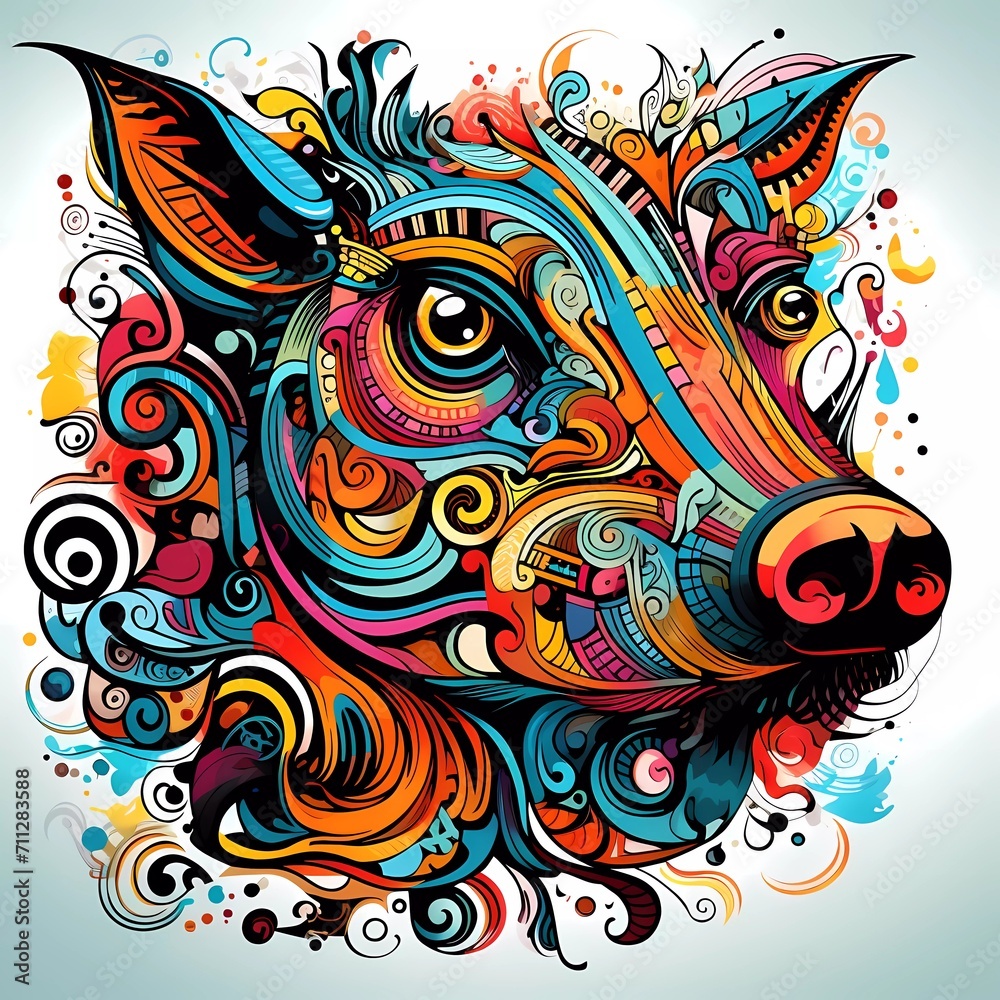 Abstract pig head close up with tangled doodle elements. Full color illustrations. generative ai