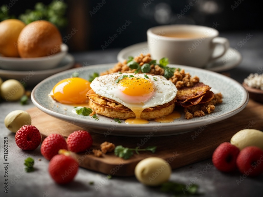 Michelin starred breakfast in premium restaurant and hotel with studio lighting & background, cinematic Michelin starred breakfast in premium restaurant and hotel with studio lighting & background, cinematic