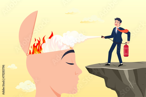 Man with fire extinguisher try to extinguish burning fire on human head, therapy to cool down burning mind or anger, reduce burnout or mental illness, depression, cure anxiety and stress (Vector)