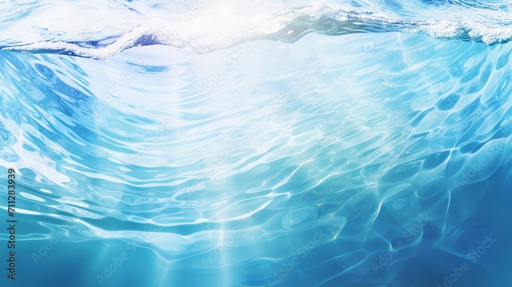 Panoramic view of clear water with white ripples and rings reflecting sunlight. Spa and wellness concept. Flat lay, top view, with copy space for text.