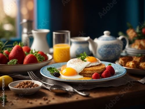Michelin starred breakfast in premium restaurant and hotel with studio lighting & background, cinematic