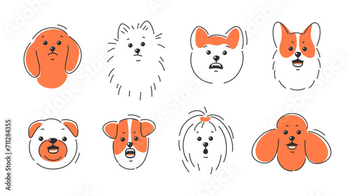 Various animal face, different emotions and breeds. Angry and sad dog face. Corgi, Akita, spitz , Dachshund, Poodle, Terrier, Pug. Vector illustration