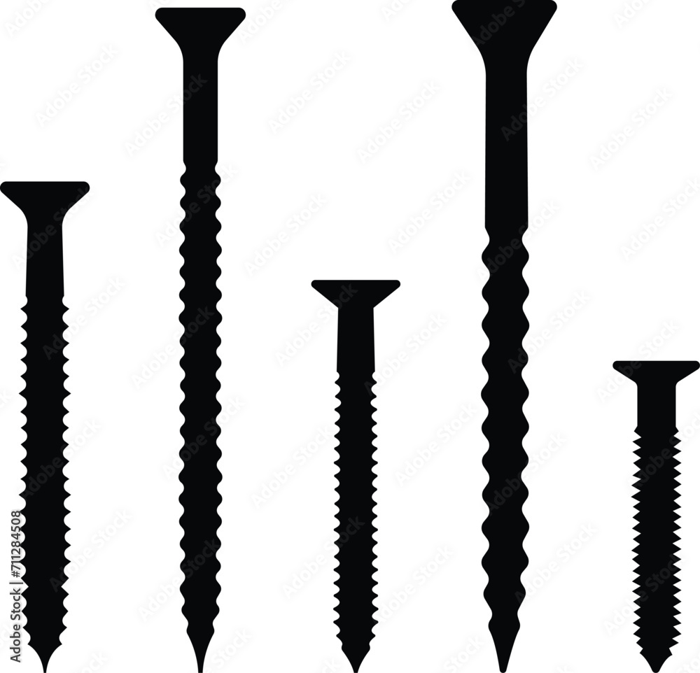 Set of Screw shape silhouette icons. Hardware logos symbols vectors illustration images in trendy black fill styles on transparent background. Designs elements for label, emblem, banners and posters. Set of Screw shape silhouette icons. Hardware logos symbols vectors illustration images in trendy black fill styles on transparent background. Designs elements for label, emblem, banners and posters.
