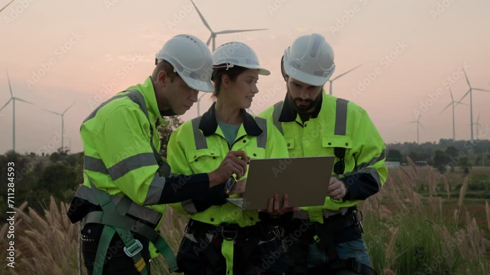 Team of engineers working on site in wind turbine farm with clear blue sky on the background. Alternative energy, environmental friendly for the future. Team of engineers working on site in wind turbine farm with clear blue sky on the background. Alternative energy, environmental friendly for the future.