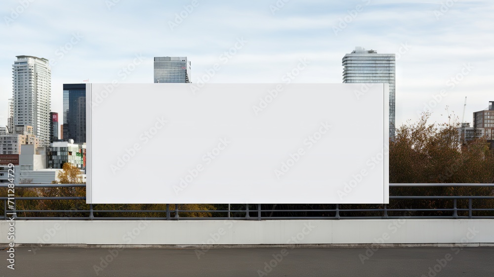 Blank white billboard on metal fence with skyscrapers and blue sky in the background Blank white billboard on metal fence with skyscrapers and blue sky in the background