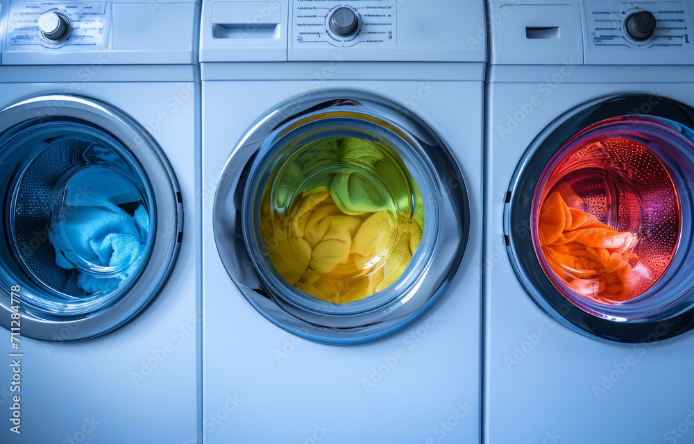Washing machine, clean laundry and clothes at laundromat business, home