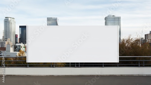 Blank white billboard on metal fence with skyscrapers and blue sky in the background