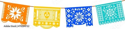 Bunting papercut flag, floral motif, mexican paper