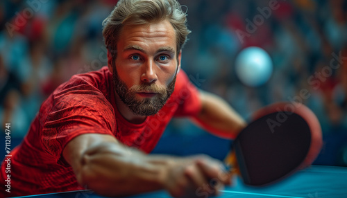 Table tennis male player with tenis racket in action close-up photo. Ping pong horizontal banner. World Table Tennis Day