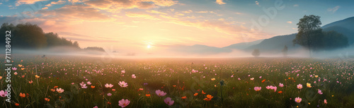 Wide panorama of a meadow with spring flowers in the morning fog. Generative AI. © visoot