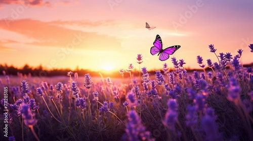 Lavender field with butterfly in summer sunset  panorama blur background