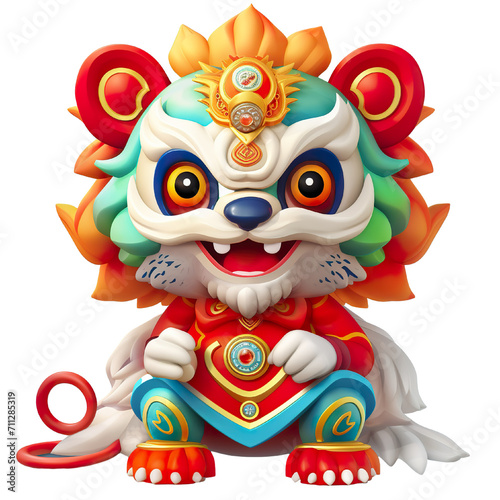 Cute colorful lion dance lunar new year white background, 3d cartoon style, strong color contrast isolated PNG