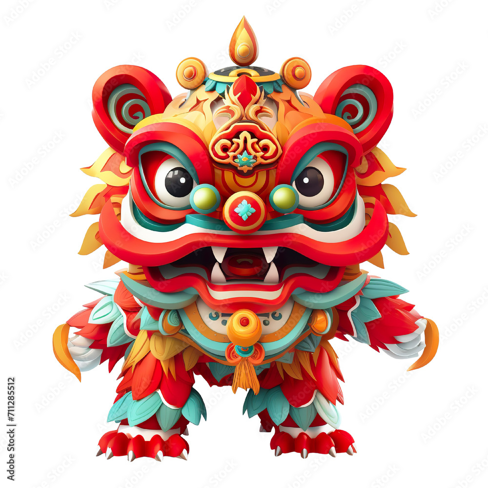 Cute colorful lion dance lunar new year white background, 3d cartoon style, strong color contrast isolated PNG