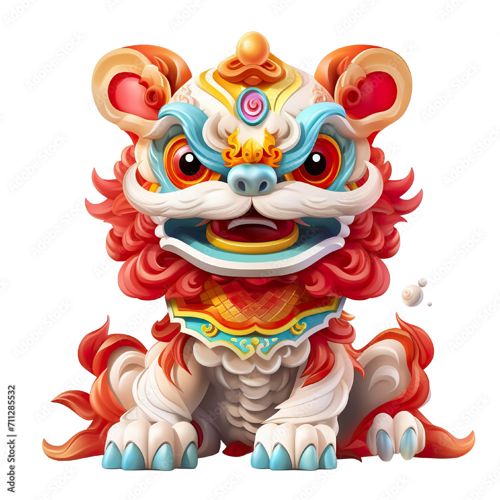 Cute colorful lion dance lunar new year white background, 3d cartoon style, strong color contrast isolated PNG