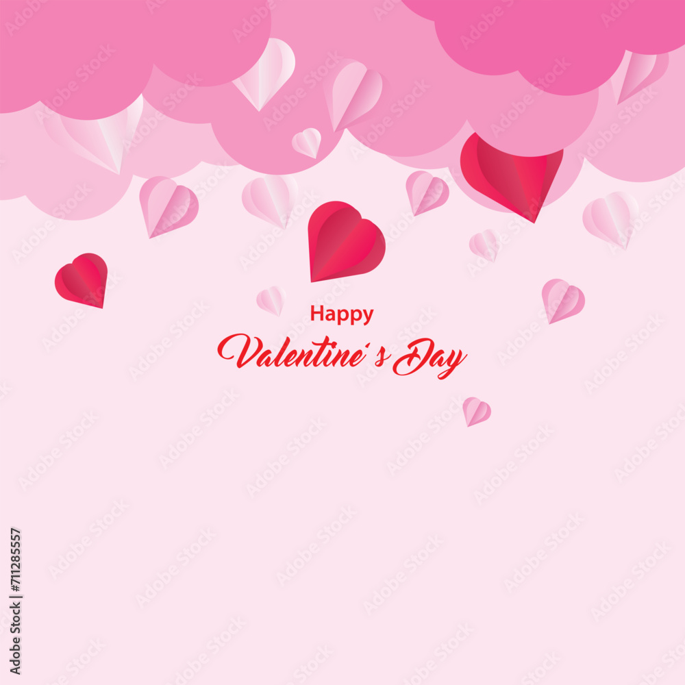 Background design with paper cut clouds. Place for text. Happy Valentine's Day sale header with hanging hearts.