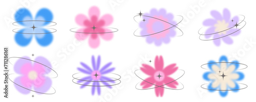 Y2k blurred flower. Gradient aesthetic stickers with soft glow effect and aura with stars on orbits. Cute smooth futuristic vector collection on white background