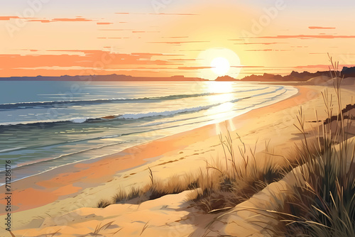 A Beach At Sunset With Grassy Sand And A Sunset Sun, A Beach With Waves And Grass