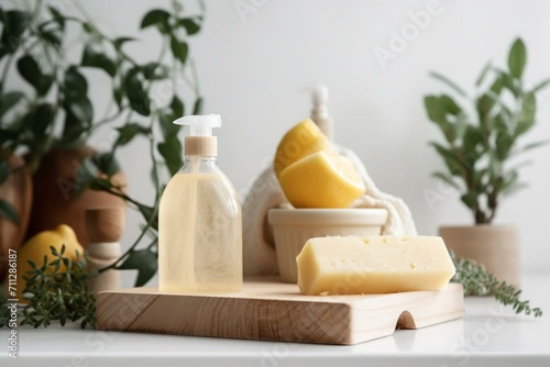 Eco-friendly cleaning products and detergents showcased on a wooden podium with soap, lemon, and brush alongside home plants. Generative AI