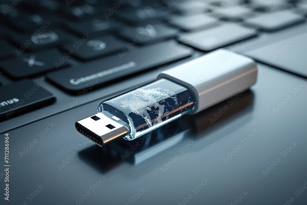 Close up of metal USB flash drive connected to laptop, International flash drive day. Generative AI. Close up of metal USB flash drive connected to laptop, International flash drive day. Generative AI.