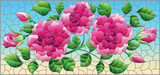 Illustration in stained glass style with a bright pink roses flowers on a blue background, rectangular image