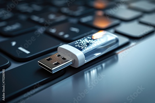 Close up of metal USB flash drive connected to laptop, International flash drive day. Generative AI.
