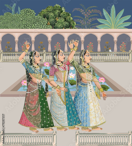 Traditional Mughal dancing queen, courtesan, lady in a garden palace vector illustration photo
