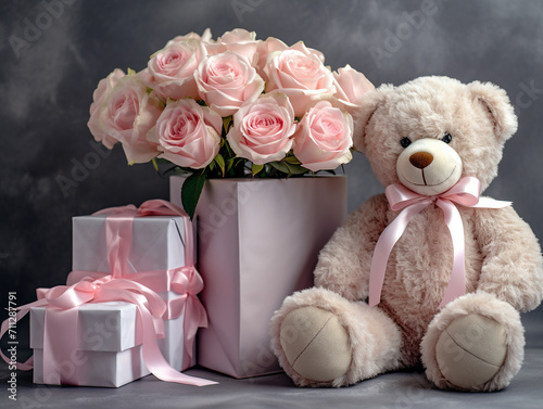 Beautiful gift with flowers and cute bear. Silk pink ribbons. Neutral gray background.