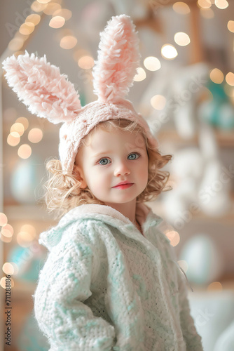 Easter background with a portrait of a child with wearing bunny ears