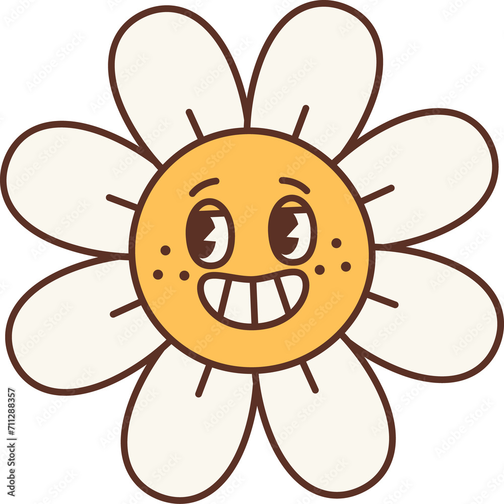 Groovy flower with face, chamomile smiling